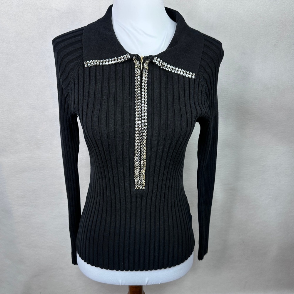 Vintage Belldini Black Silk Blend Ribbed‎ Rhinestone Zip Collar Top Womens Small